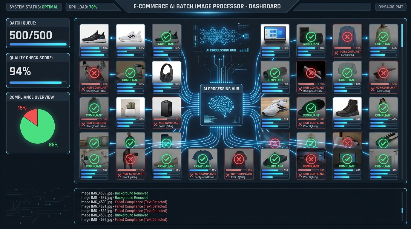 Digital dashboard showing AI image batch processing workflow with compliance status indicators and quality check metrics
