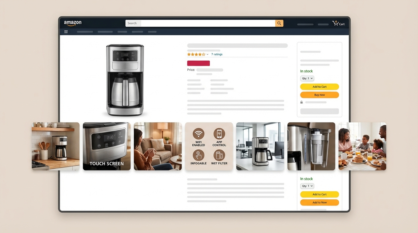 Amazon product listing page mockup showing a sequence of lifestyle secondary images including in-context use scenarios, detail shots, and infographic overlays