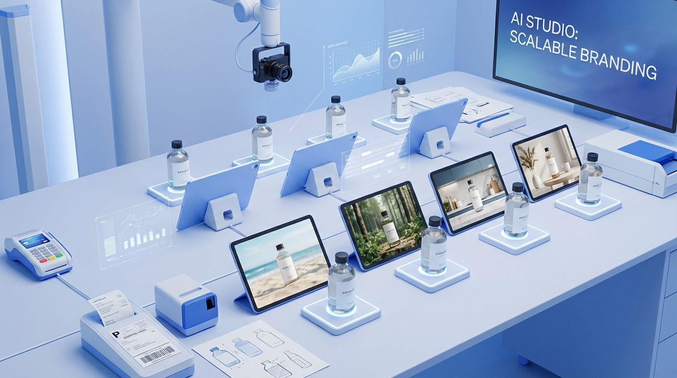 E-commerce brand building showing rows of product bottles photographed in different lifestyle settings using AI for scalability
