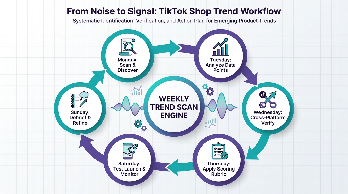 Weekly TikTok Shop trend scan workflow diagram showing seven daily stages in a loop from Monday to Sunday