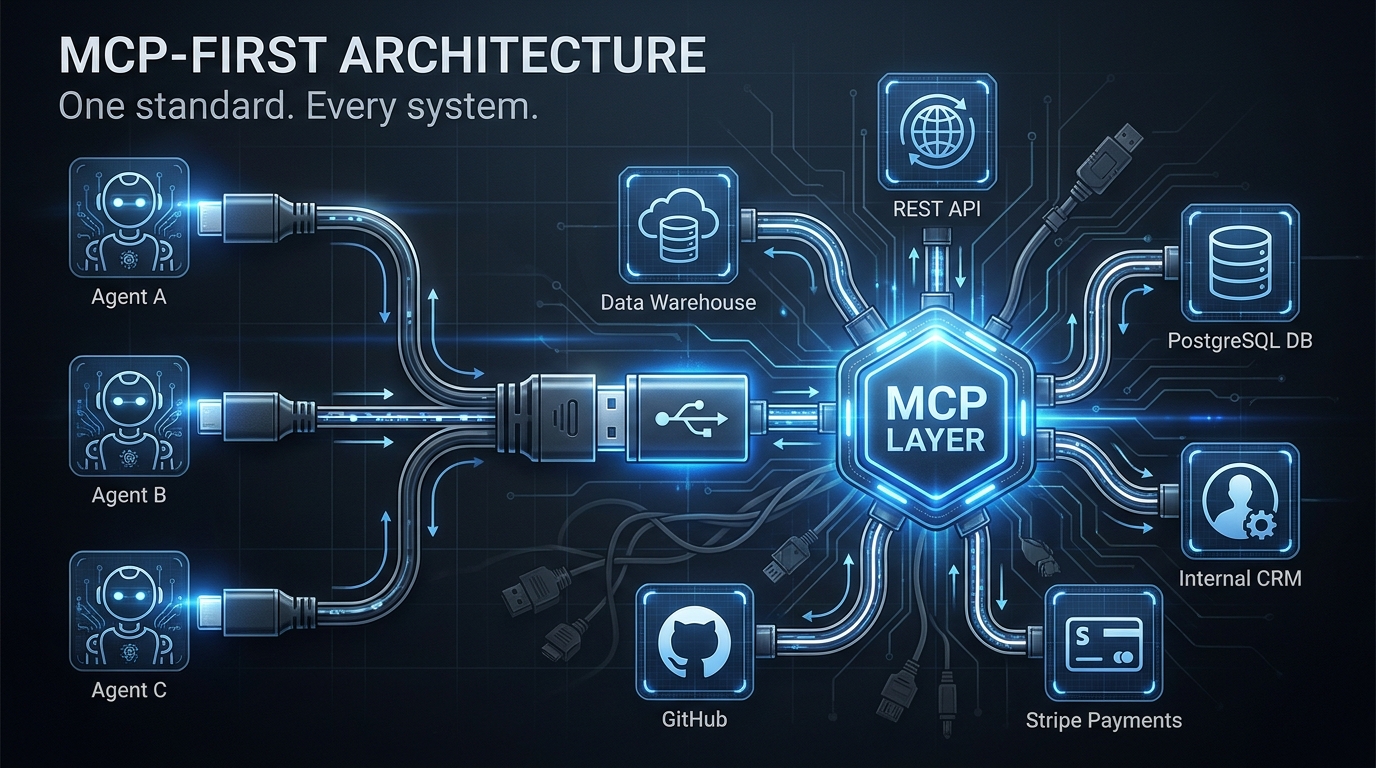 MCP-First Architecture diagram showing AI agents connecting to multiple backend systems through a central MCP layer