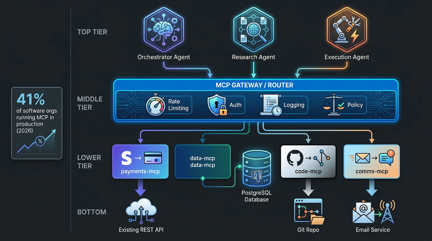 Multi-agent MCP production stack diagram showing orchestrator, research, and execution agents connecting through an MCP gateway to multiple specialized servers