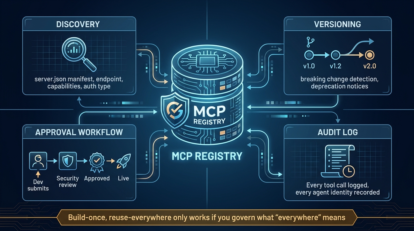 MCP Server Registry governance diagram showing discovery, versioning, approval workflows, and audit logging