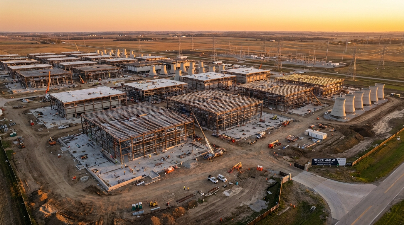 Aerial view of a massive AI data center campus under construction in the American heartland with industrial cooling towers and power lines