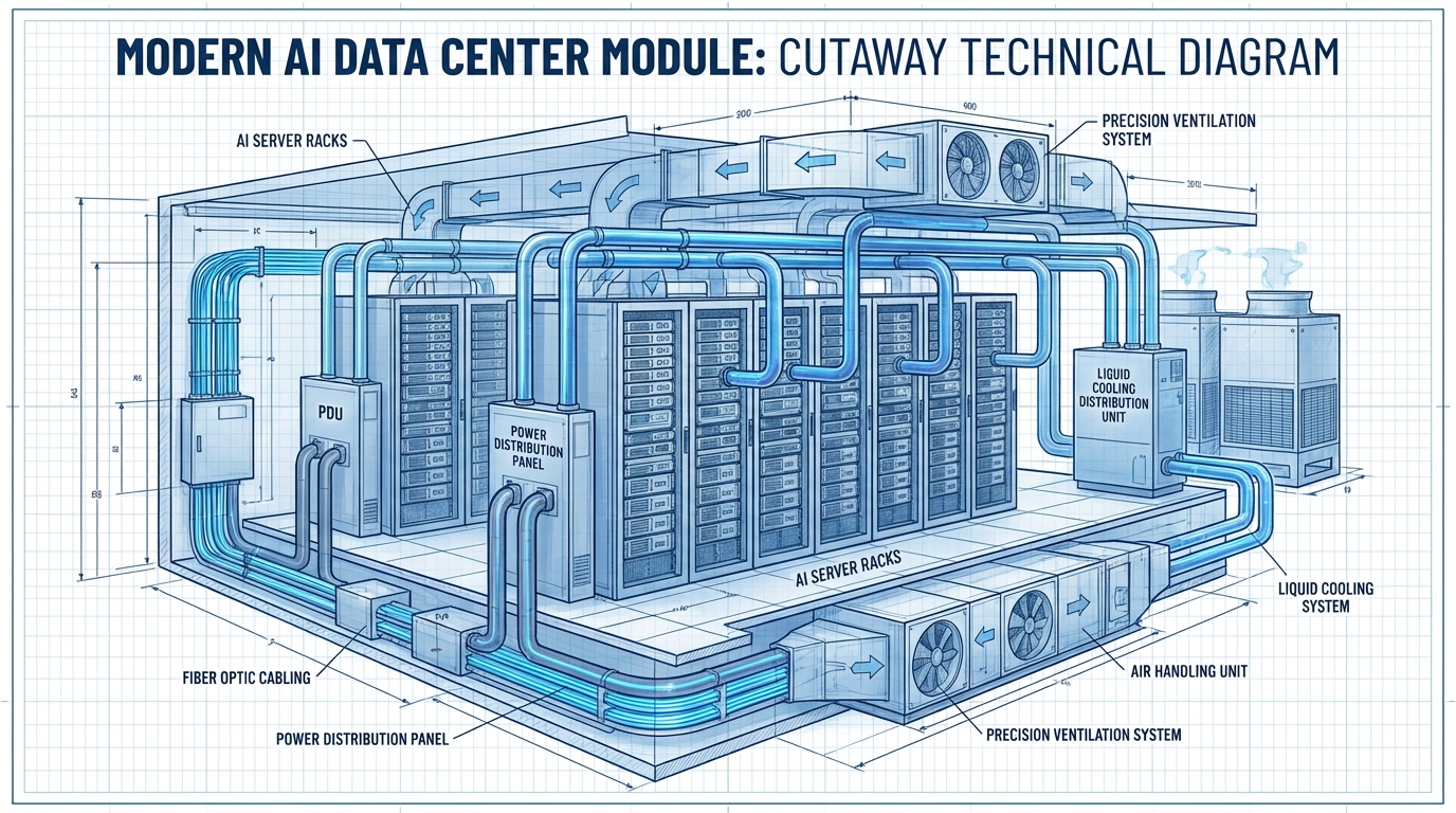 Cutaway technical diagram of a modern AI data center module showing server racks, liquid cooling pipes, power distribution units, and fiber optic cabling