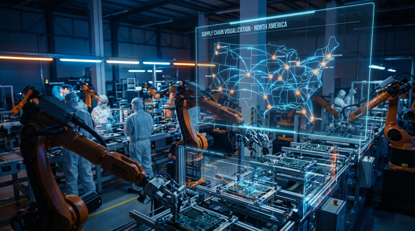 Map of the United States with glowing supply chain network nodes connected across states, overlaid on an industrial factory floor with robotic assembly arms