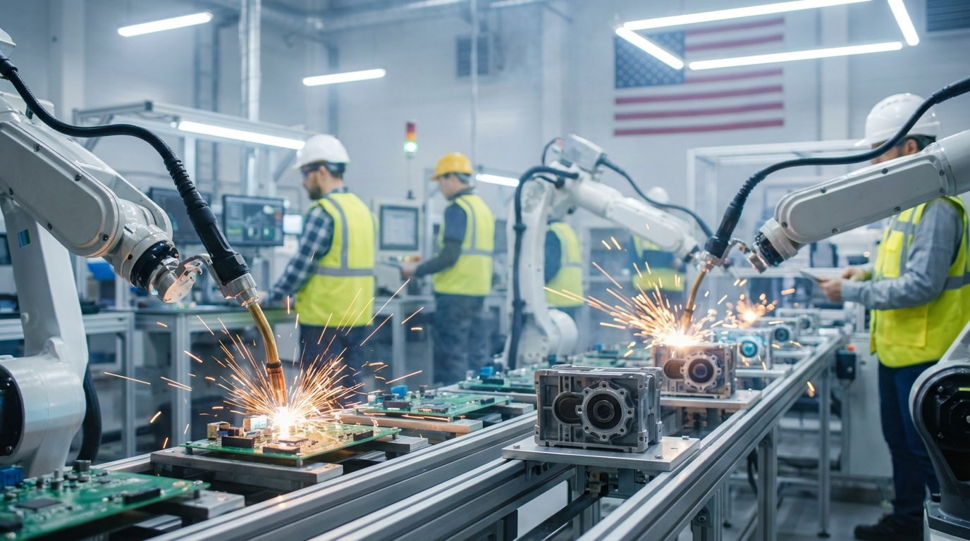 Precision robotic manufacturing assembly line producing AI hardware components in a clean modern American factory with workers in safety gear
