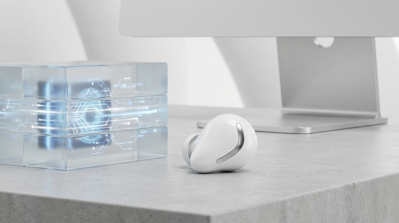 Sleek minimalist AI-powered consumer hardware device concept — screen-free wearable earbud design with glossy white finish on a designer desk with AI circuitry in background