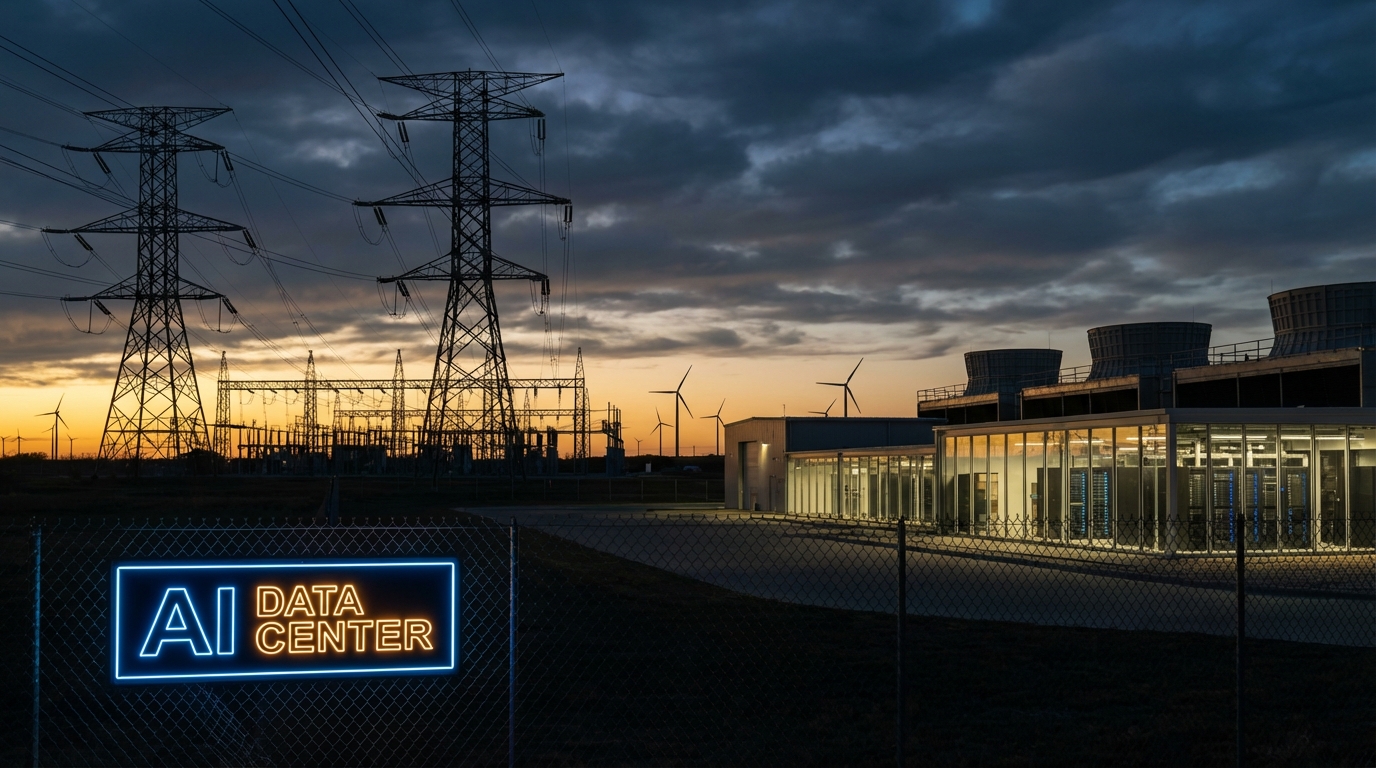 Giant electrical power transmission towers and substations in Texas at dusk with wind turbines on the horizon and a massive data center facility lit up
