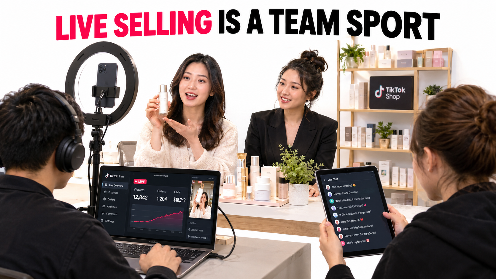 Behind-the-scenes view of a TikTok Shop LIVE studio with a host, co-host, producer and moderator working together