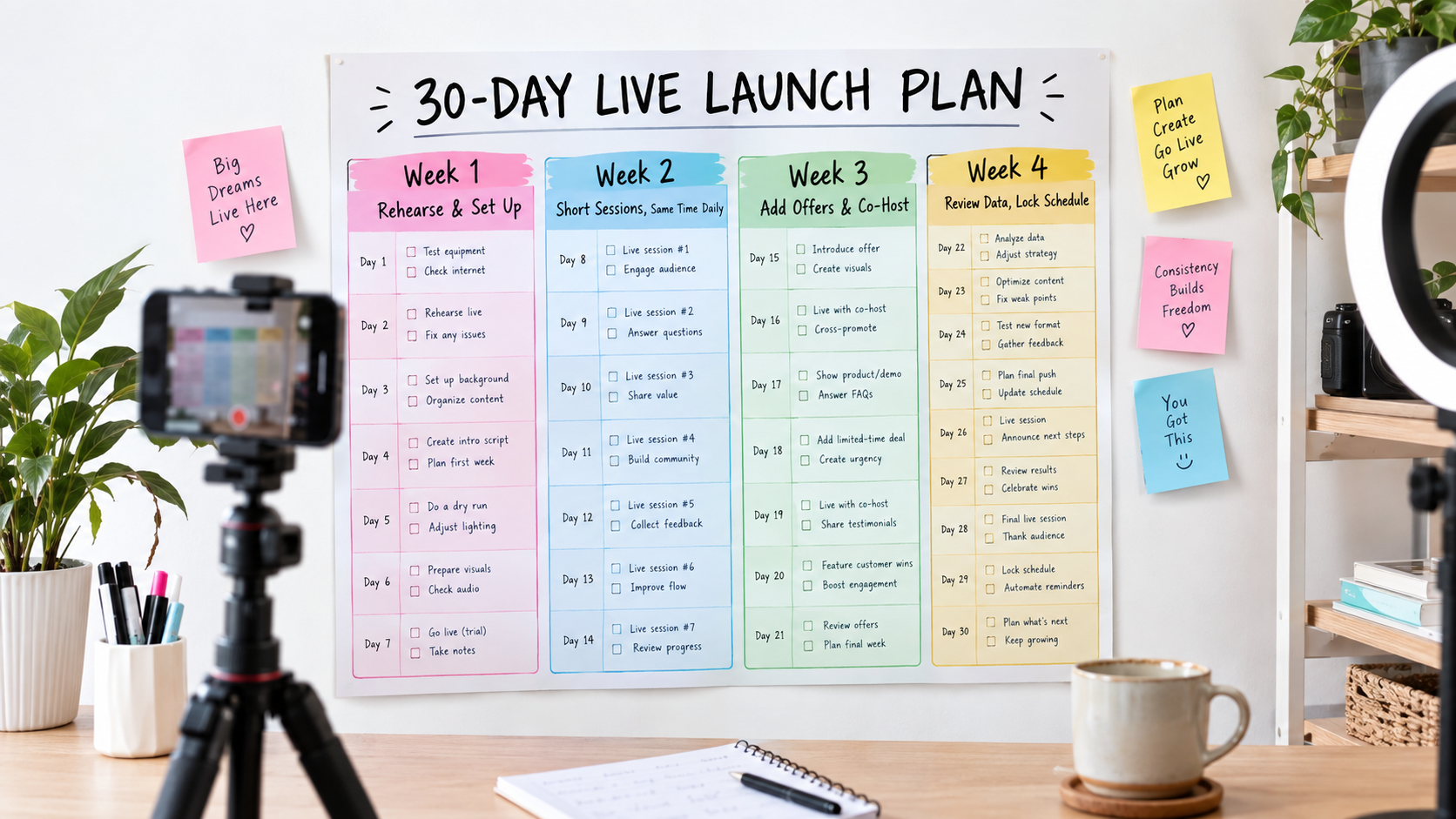 Four-week wall planner showing a 30-day TikTok Shop LIVE launch plan in a small home studio