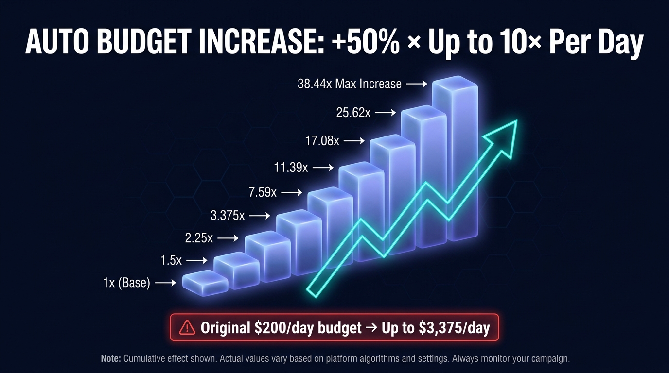 TikTok GMV Max Auto Budget Increase Rule: +50% up to 10 times per day infographic
