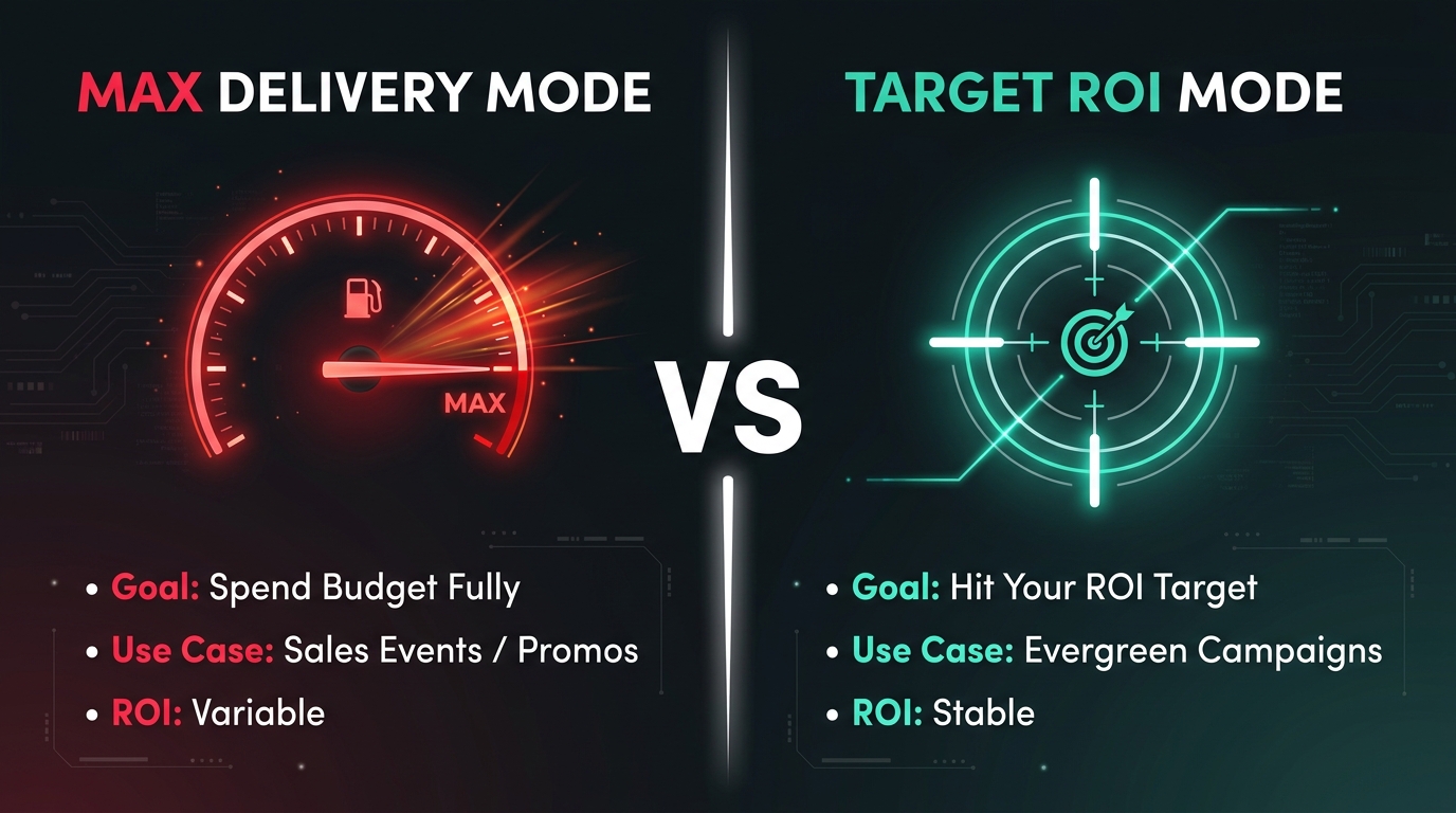 TikTok GMV Max: Max Delivery Mode vs Target ROI Mode comparison infographic