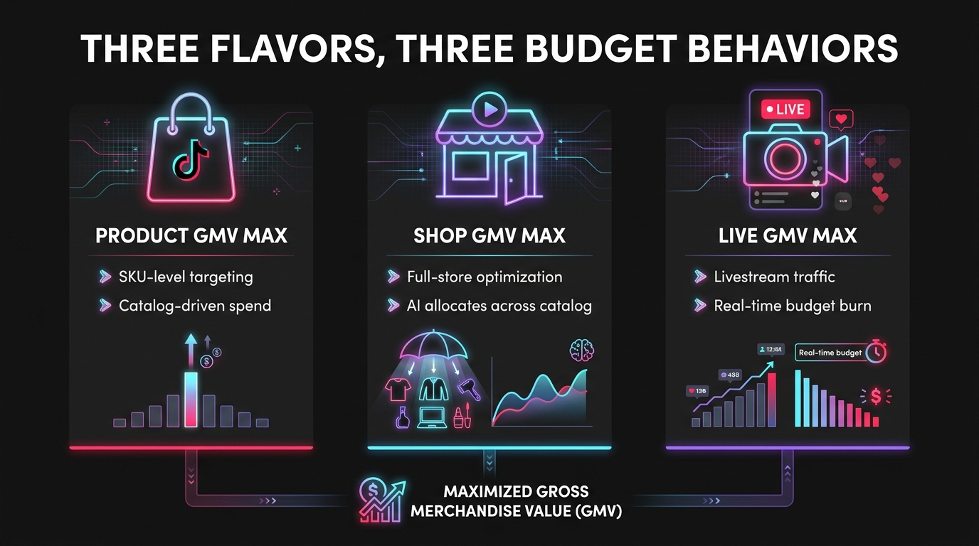 Three TikTok GMV Max campaign types — Product, Shop, and LIVE — budget behavior comparison