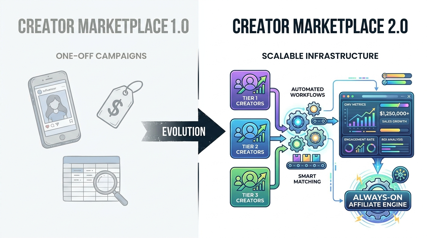 Comparison of Creator Marketplace 1.0 vs 2.0 — from one-off campaigns to scalable always-on affiliate infrastructure