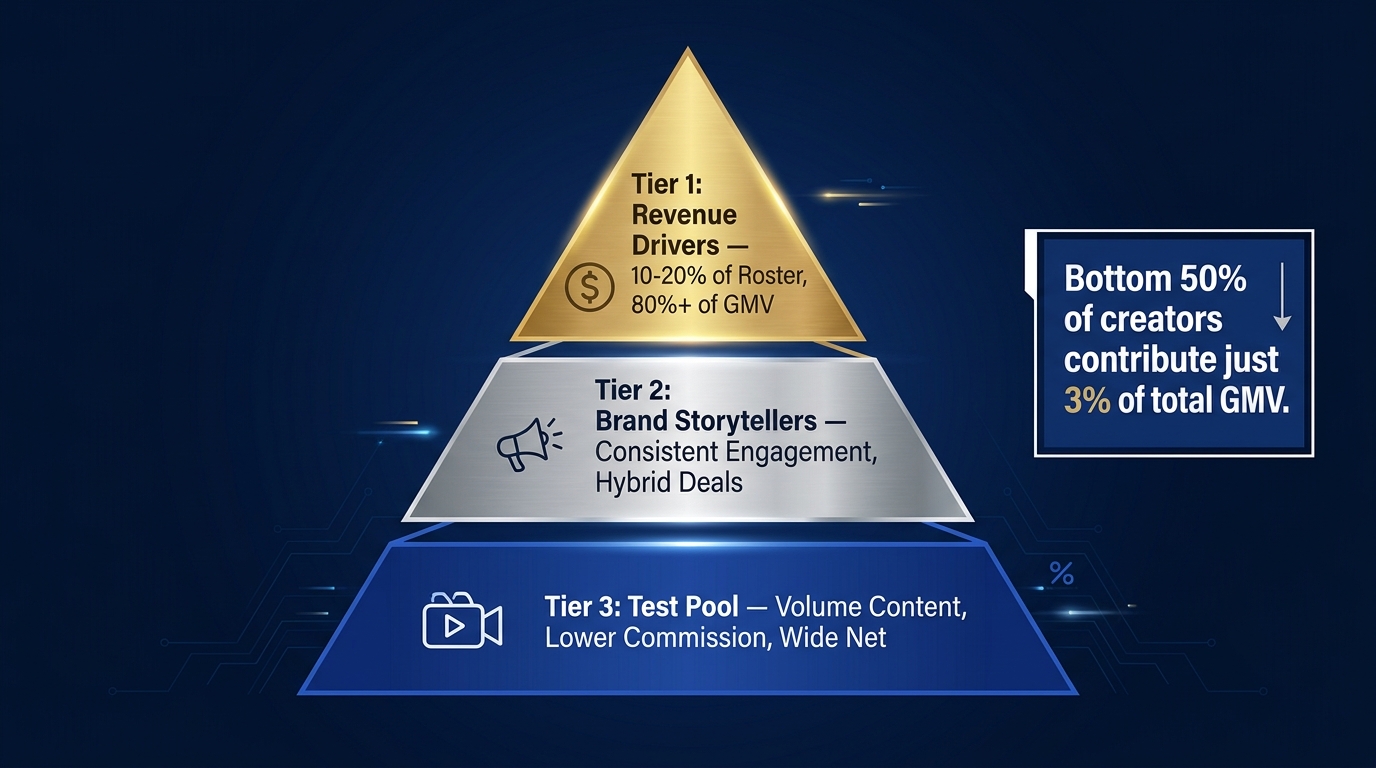 Creator tier pyramid showing Tier 1 revenue drivers generating 80% of GMV, Tier 2 brand storytellers, and Tier 3 test pool