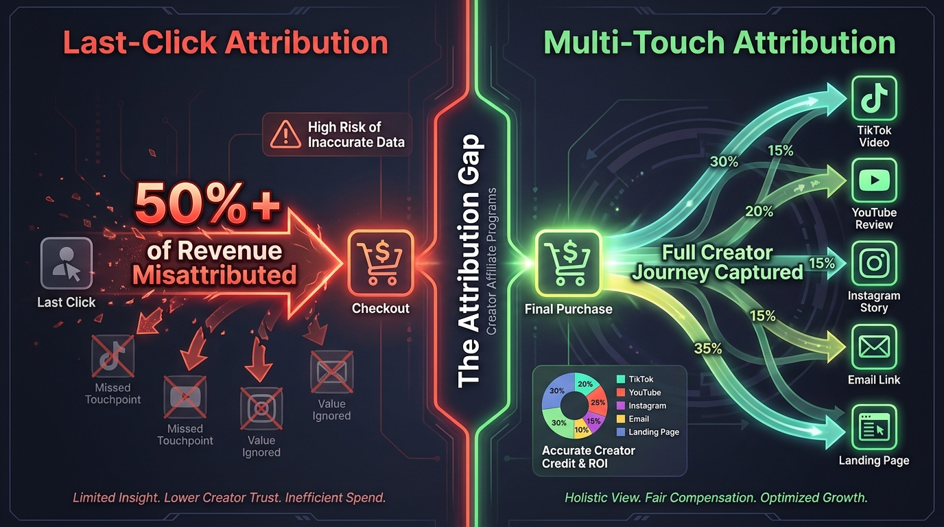 Attribution comparison: last-click misattribution vs multi-touch creator journey attribution showing full purchase path