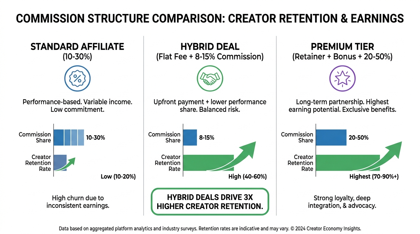Commission structure comparison showing standard affiliate vs hybrid deal vs premium tier retention rates