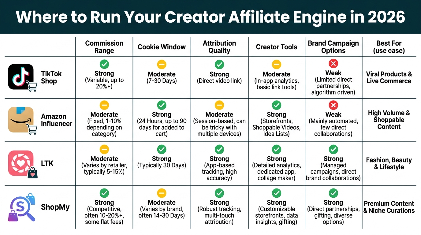 Platform comparison scorecard for creator affiliate programs in 2026: TikTok Shop, Amazon, LTK, ShopMy