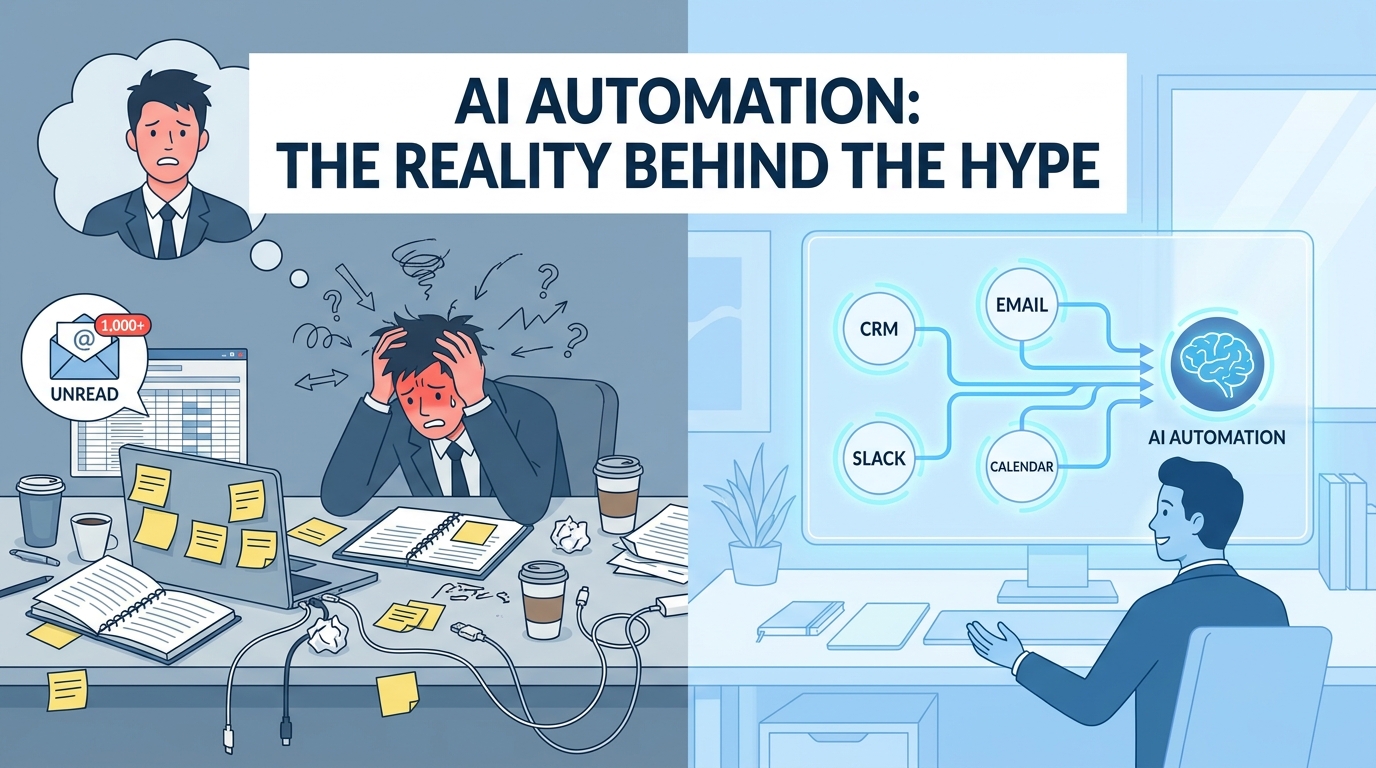 Split-screen showing chaotic manual workflows on the left versus clean, connected AI automation on the right — AI Automation: The Reality Behind the Hype