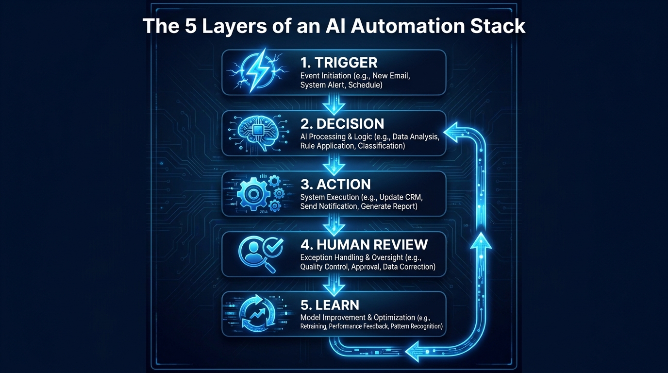 The 5 Layers of an AI Automation Stack: Trigger, Decision, Action, Human Review, and Learn — a vertical pipeline diagram