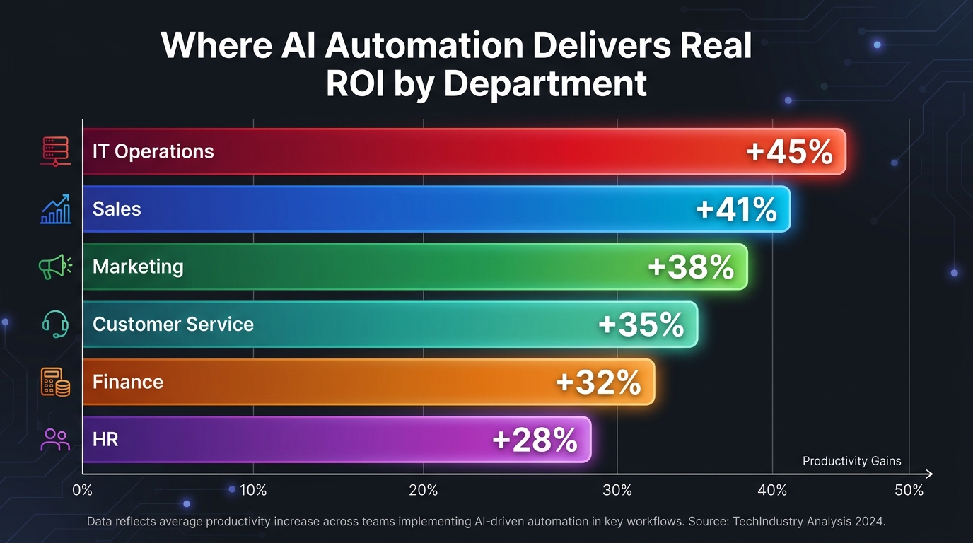 Bar chart infographic showing AI automation productivity gains by department: IT Ops +45%, Sales +41%, Marketing +38%, Finance +32%, Customer Service +35%, HR +28%