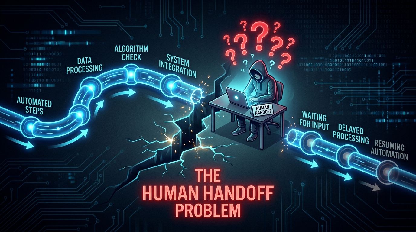 Workflow diagram breaking at the human handoff point — a figure sits confused as the automated pipeline stalls at their step, labeled The Human Handoff Problem