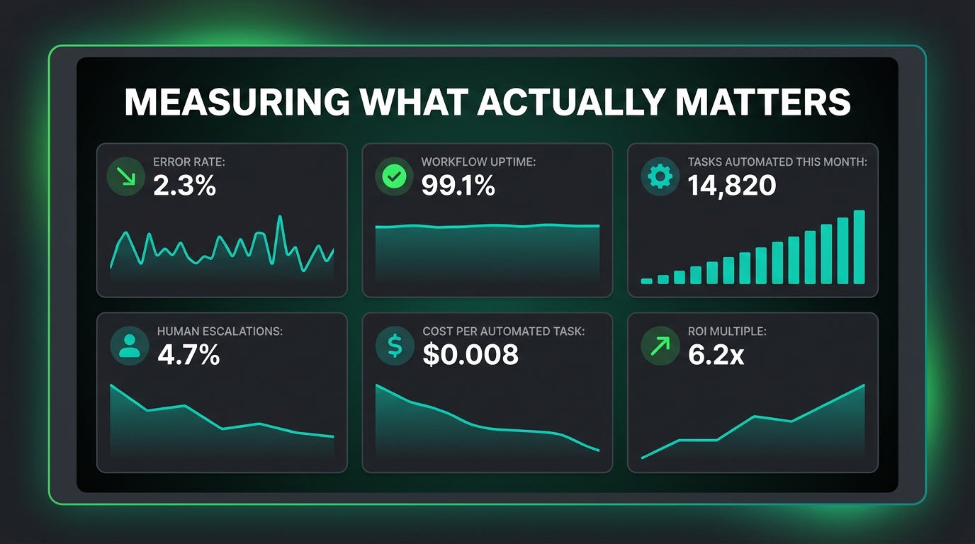 AI automation monitoring dashboard showing Error Rate, Workflow Uptime, Tasks Automated, Human Escalations, Cost Per Task, and ROI Multiple — Measuring What Actually Matters
