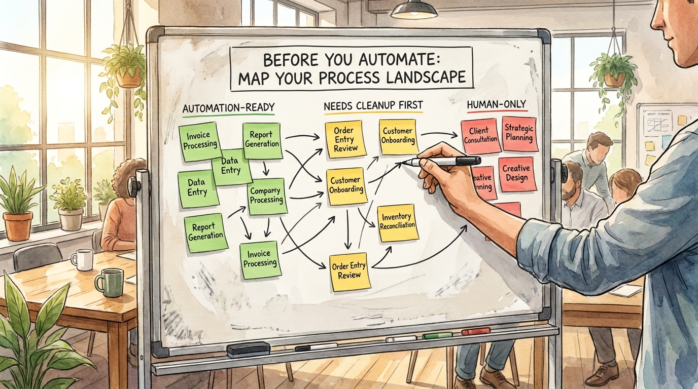 Process audit map on a whiteboard showing Automation-Ready (green), Needs Cleanup First (yellow), and Human-Only (red) processes — Before You Automate: Map Your Process Landscape