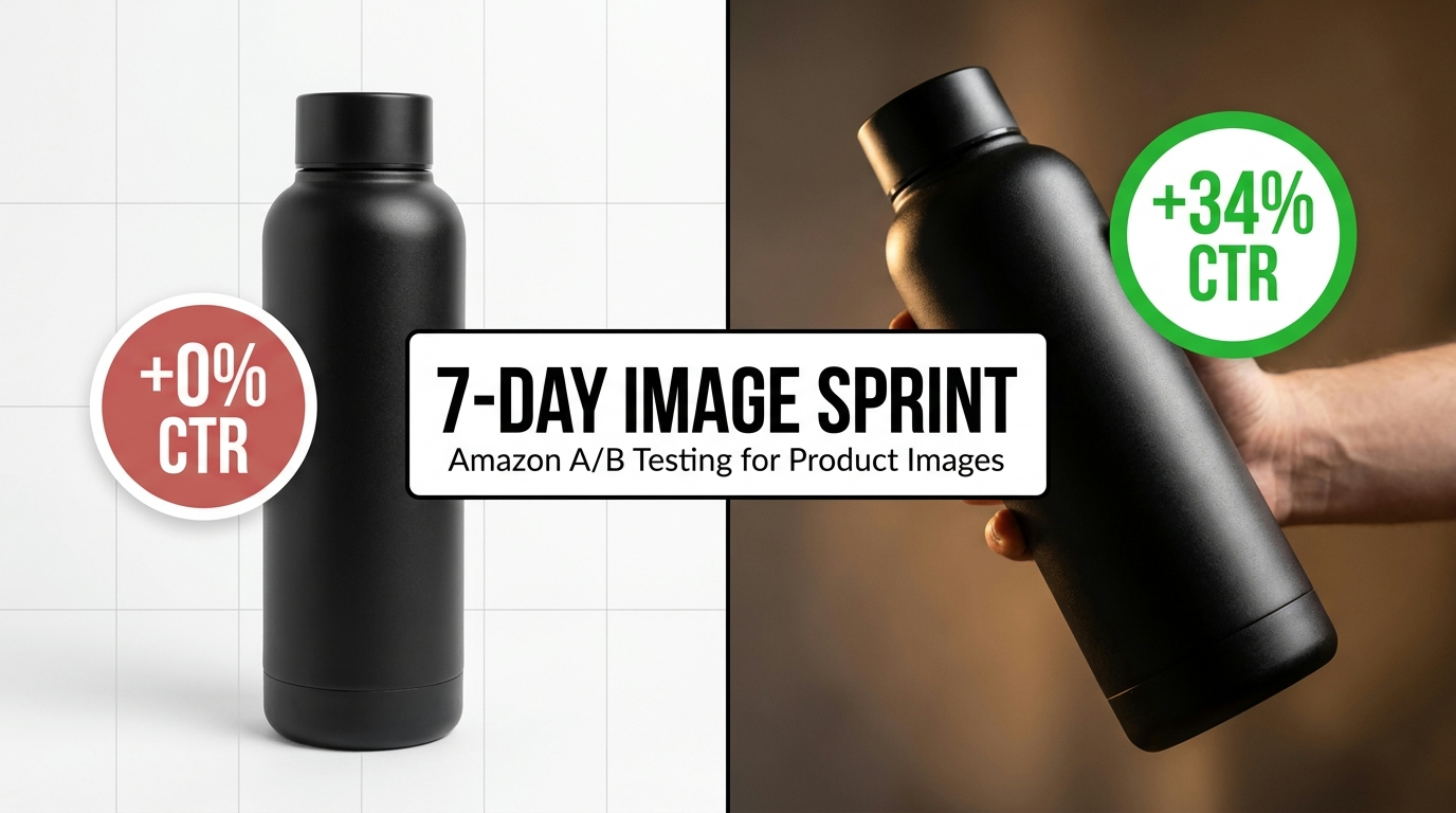 Split-screen Amazon product image A/B test comparison showing CTR impact of main image optimization — 7-Day Image Sprint