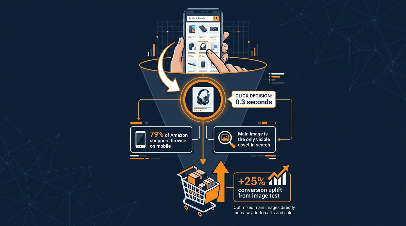 Mobile funnel infographic showing 79% of Amazon shoppers browse on mobile and main image drives click decision in search results