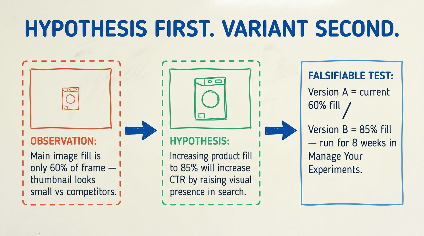 Whiteboard diagram showing the three-part anatomy of a good Amazon image A/B test hypothesis — observation, hypothesis, falsifiable test