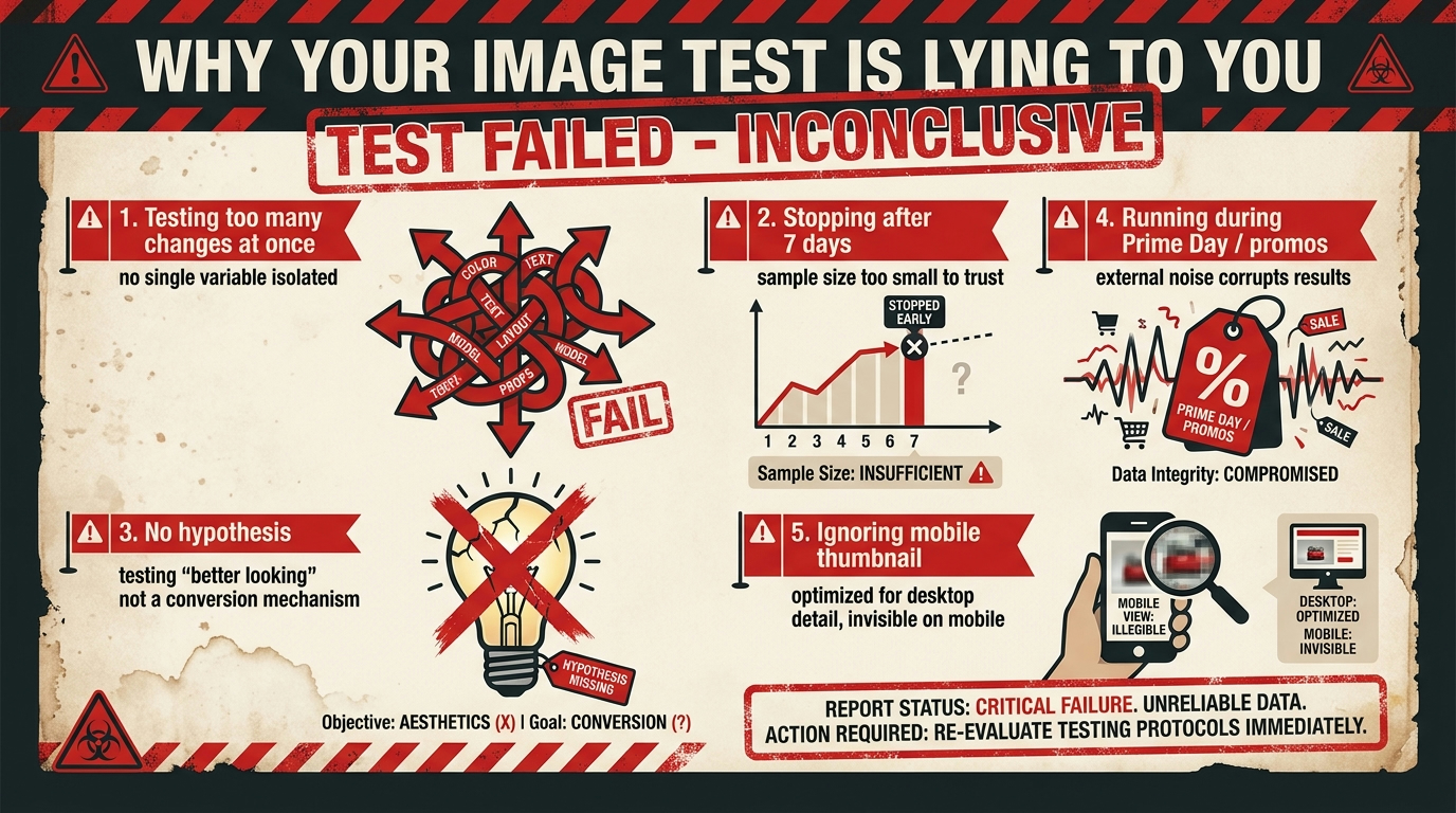 Warning report card infographic showing five common reasons Amazon image A/B tests fail including bad hypothesis, early stopping, and mobile blindness