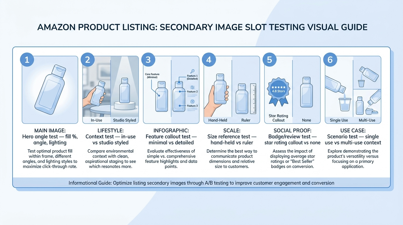 Visual guide to Amazon listing secondary image slots showing what to test in each position including lifestyle, infographic, scale, and social proof images
