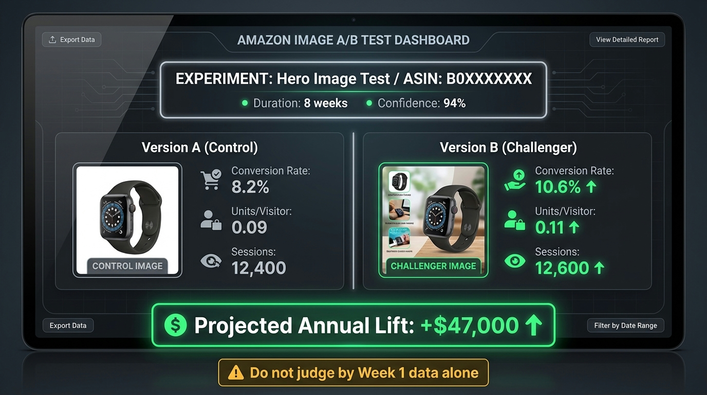 Amazon Manage Your Experiments results dashboard showing conversion rate lift, units per visitor, and projected annual sales impact for image A/B test