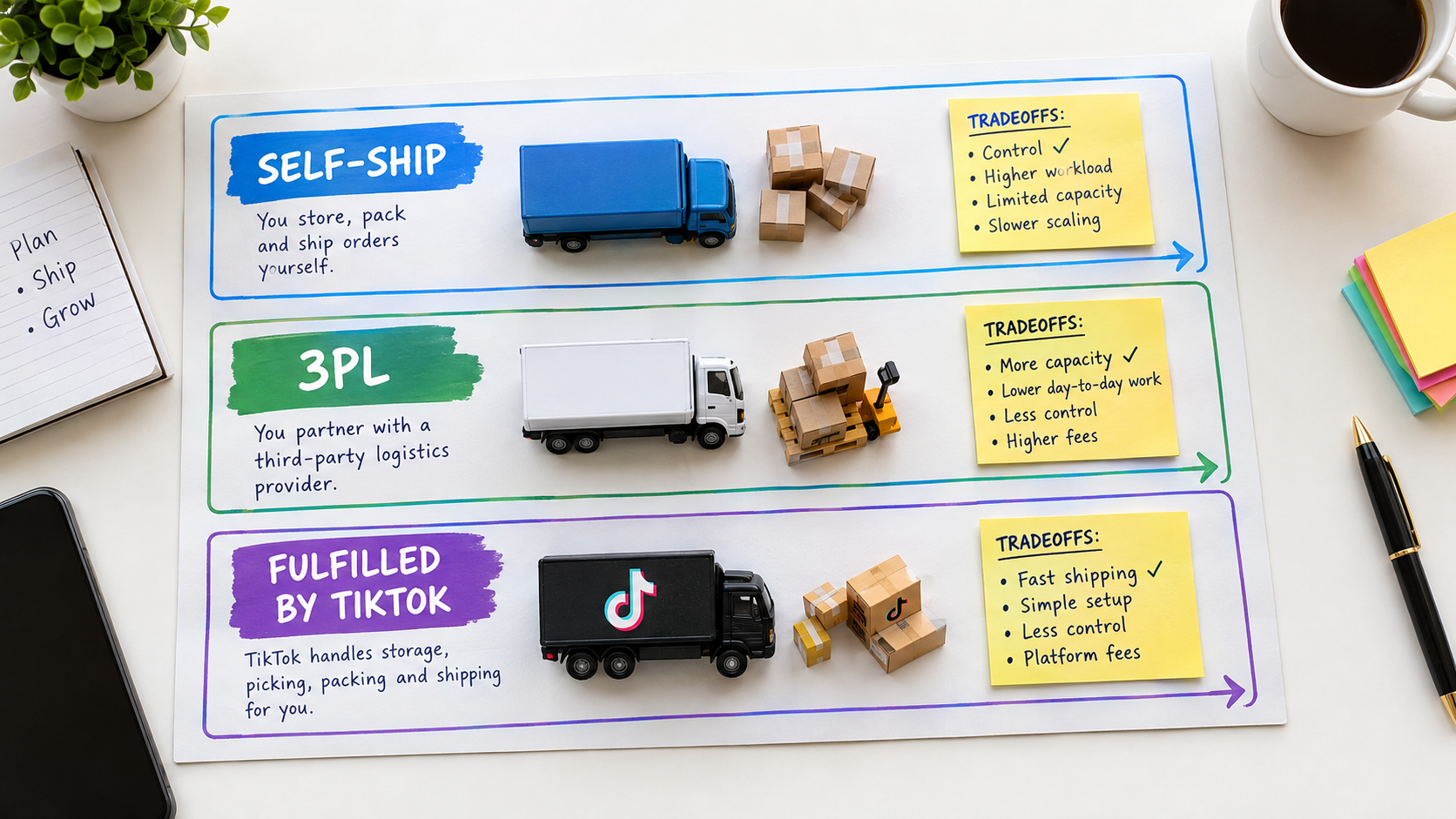 Decision board comparing self-ship, 3PL, and Fulfilled by TikTok fulfillment paths for TikTok Shop sellers