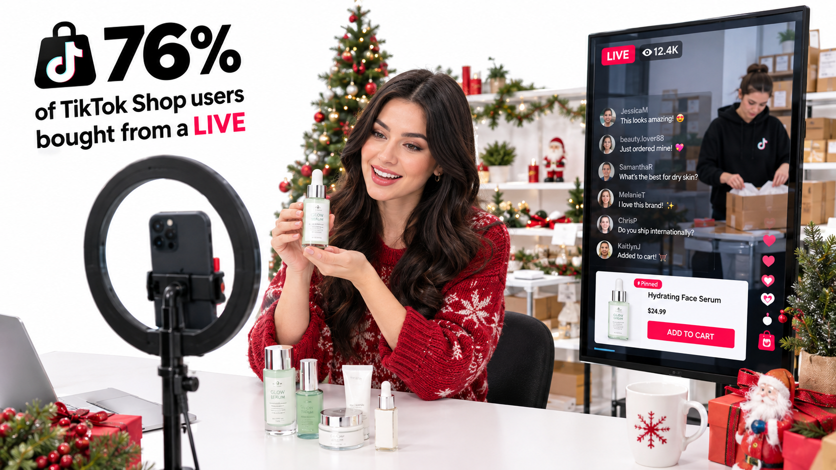 TikTok LIVE shopping broadcast in a home studio with a pinned product card and a team member packing orders in the background