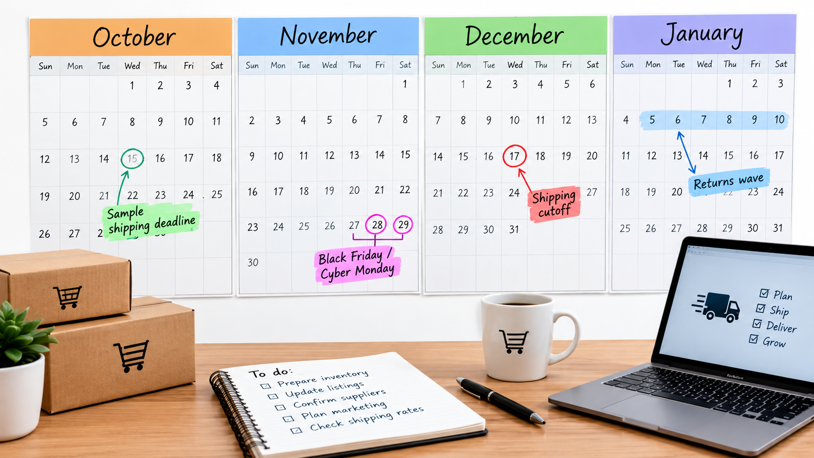 Q4 planning calendar from October to January marking sample shipping deadlines, Black Friday and Cyber Monday, shipping cutoffs, and the January returns wave