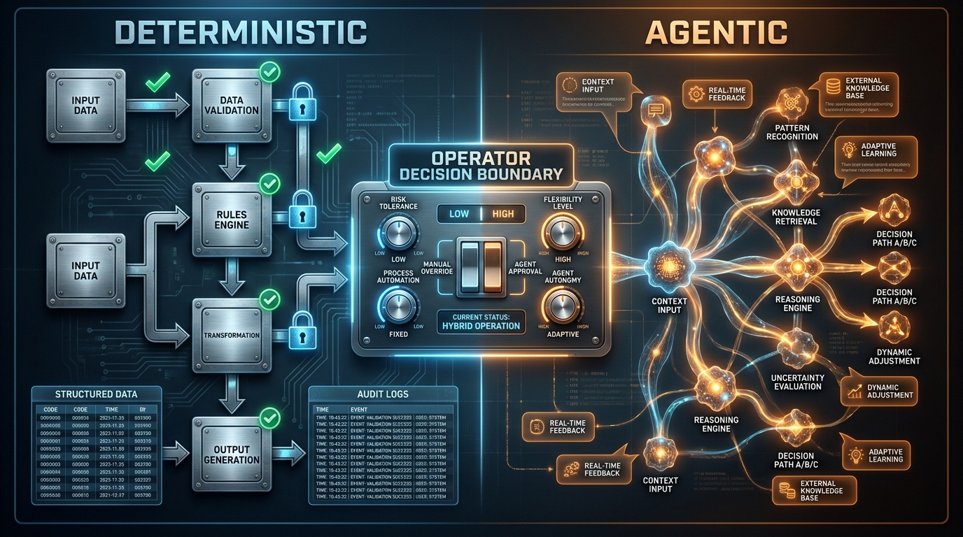 Split-screen diagram showing deterministic vs agentic workflow pipelines with an operator decision boundary in the center