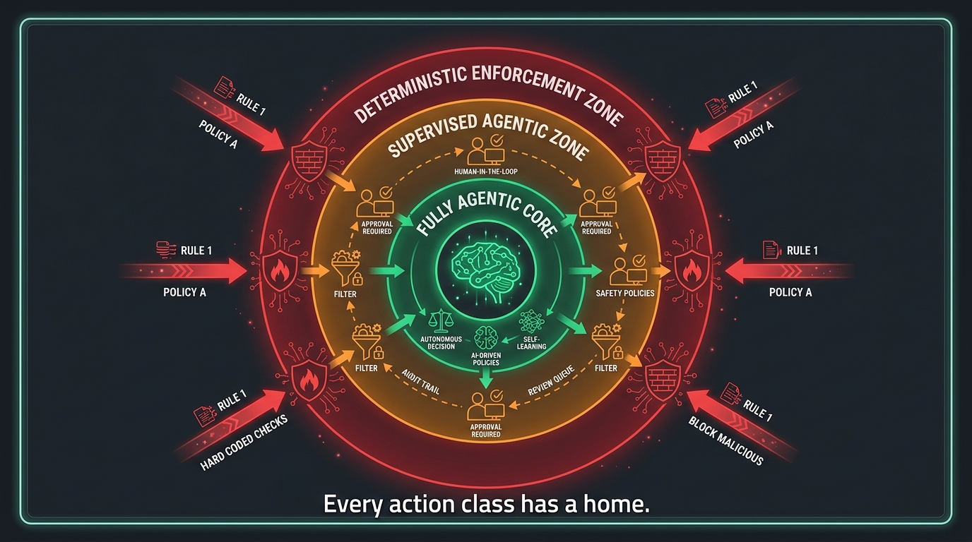Concentric rings architecture diagram showing deterministic enforcement zone, supervised agentic zone, and fully agentic core as trust zones in a hybrid AI system