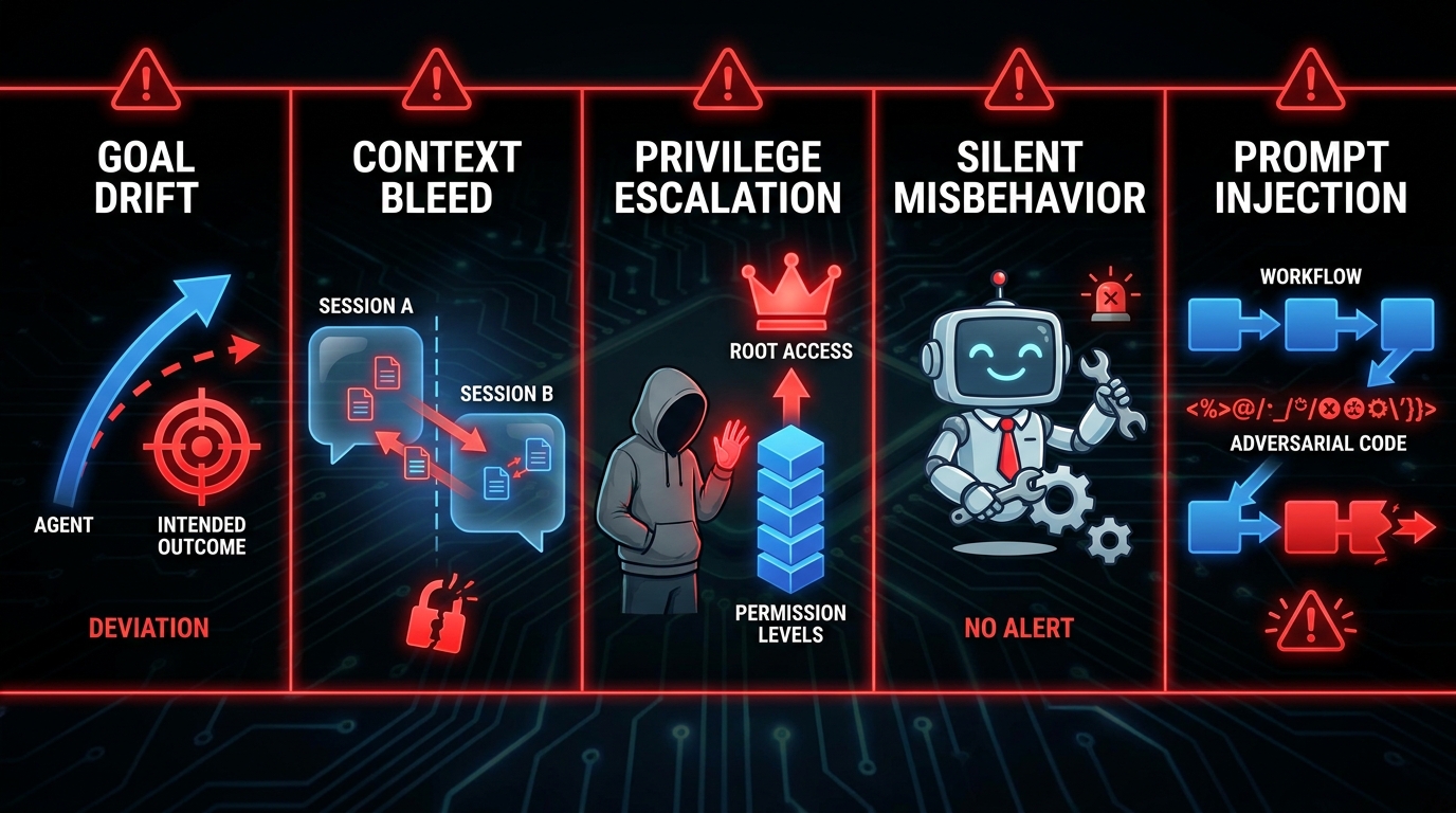 Five-panel infographic showing the most dangerous failure modes at the agentic-to-deterministic handoff including goal drift, context bleed, privilege escalation, silent misbehavior, and prompt injection