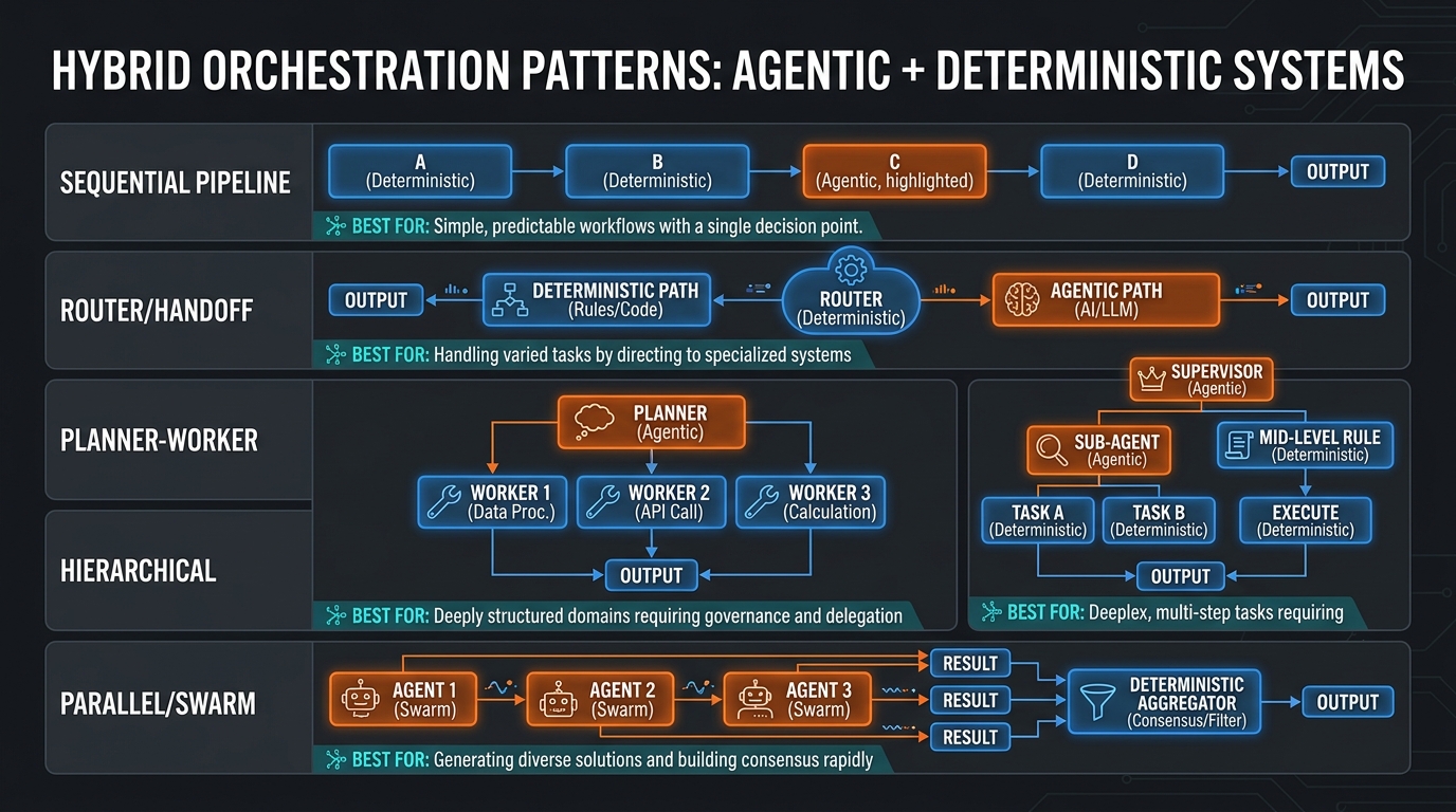Comparison chart of 5 orchestration patterns for hybrid agentic and deterministic systems including sequential pipeline, router/handoff, planner-worker, hierarchical, and parallel/swarm