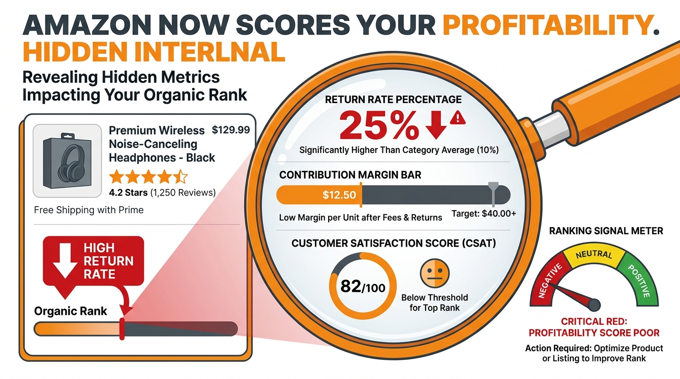 Infographic showing Amazon product listing card with hidden profitability metrics including return rate and contribution margin acting as ranking signals, with text: Amazon Now Scores Your Profitability