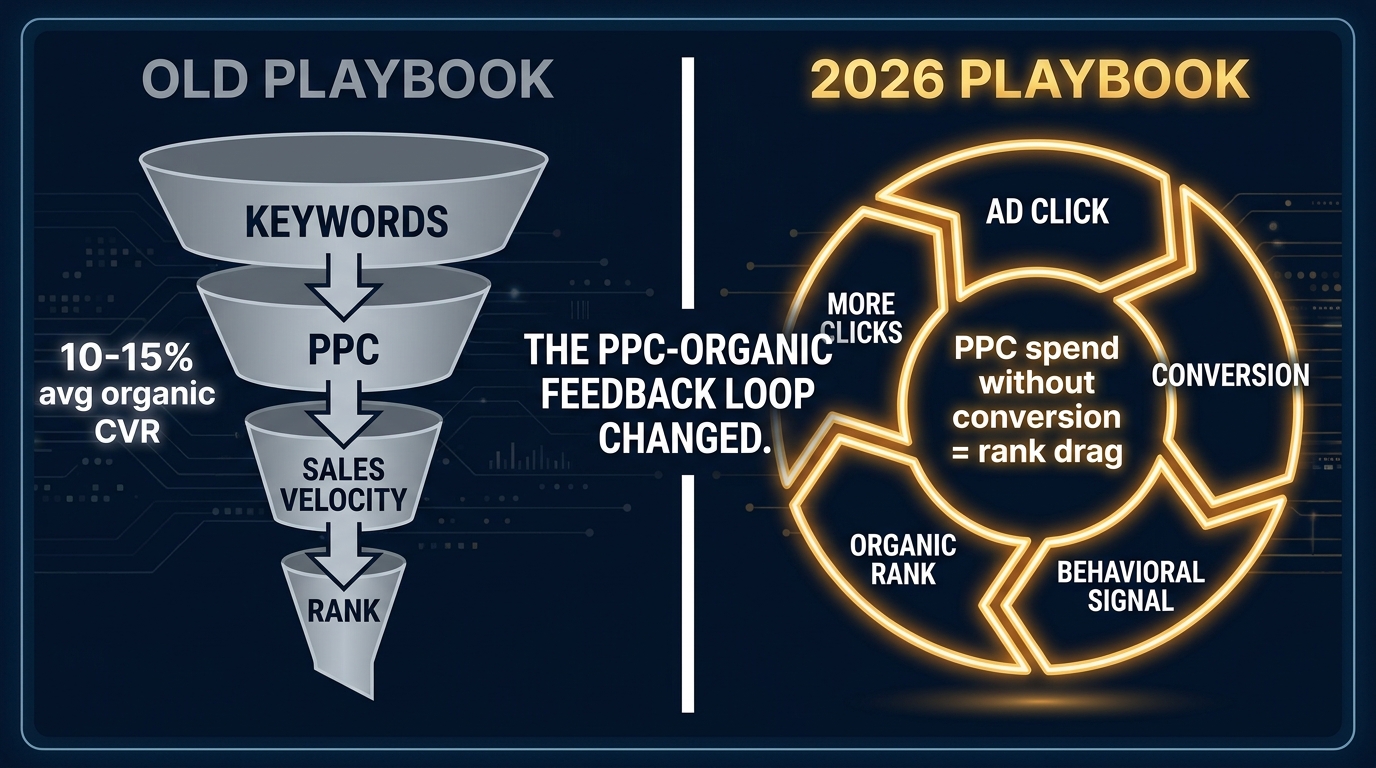 Split-screen infographic comparing old Amazon PPC funnel versus 2026 circular PPC-organic feedback loop with conversion signals driving both paid and organic ranking