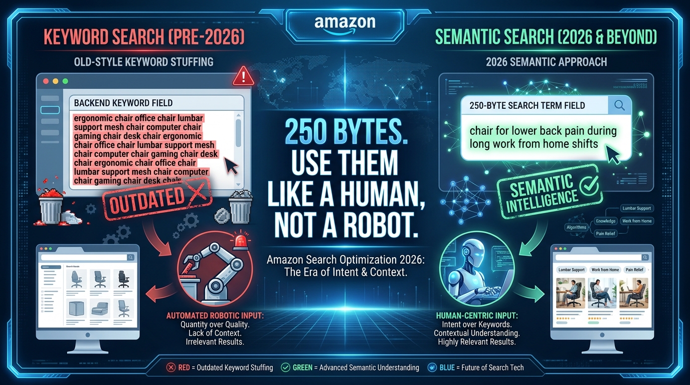 Infographic comparing old-style keyword stuffing in Amazon backend fields versus 2026 semantic natural language approach within the 250-byte limit, with text: 250 Bytes. Use Them Like a Human, Not a Robot.