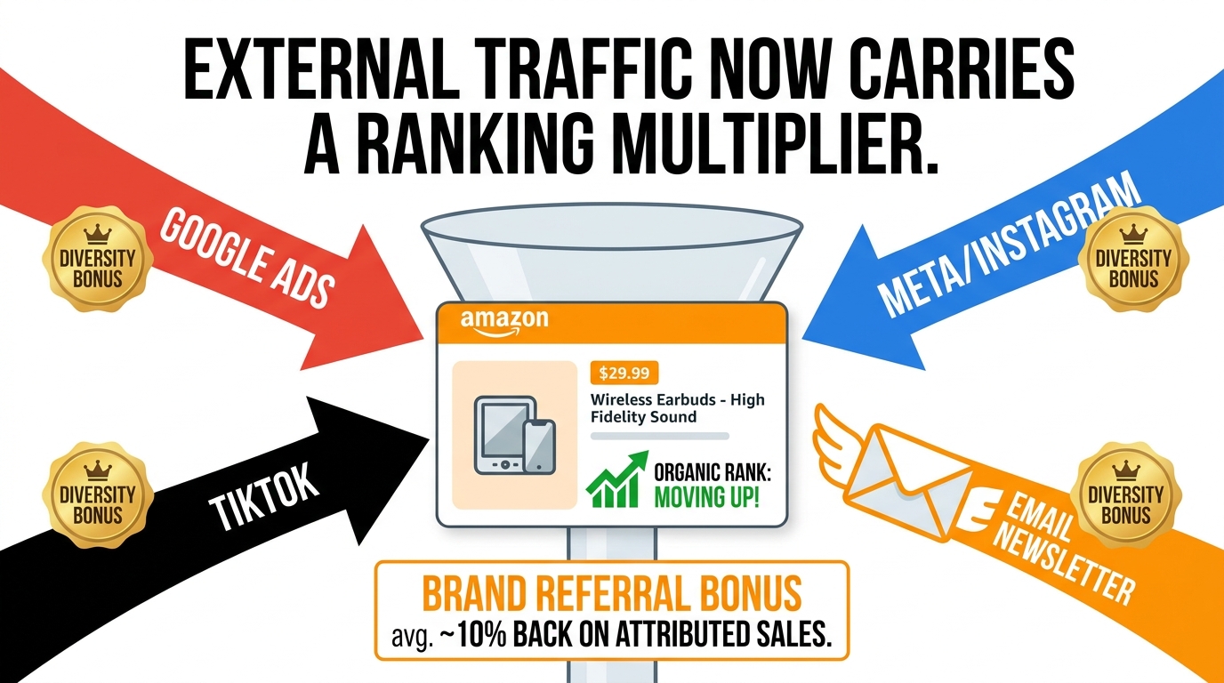 Diagram showing external traffic from Google Ads, Meta, TikTok, and email all flowing into Amazon product listing with Diversity Bonus badges and organic rank increase indicator, plus Brand Referral Bonus stat of approximately 10 percent back on attributed sales