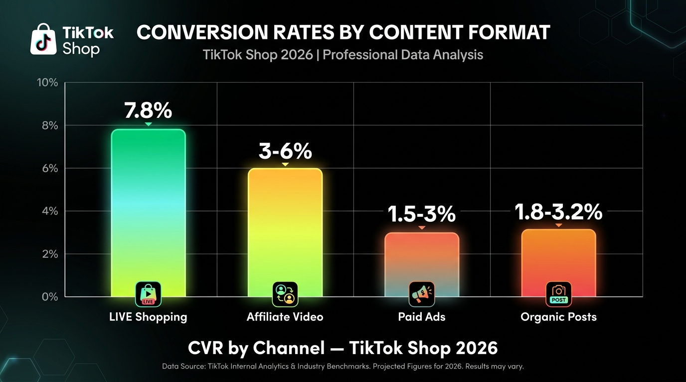 Bar chart showing TikTok Shop conversion rates by content type: LIVE Shopping 7.8%, Affiliate Video 3-6%, Paid Ads 1.5-3%, Organic 1.8-3.2%