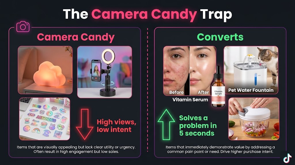 Side by side comparison of Camera Candy products (high views, low intent) versus genuinely converting products that solve problems in 5 seconds
