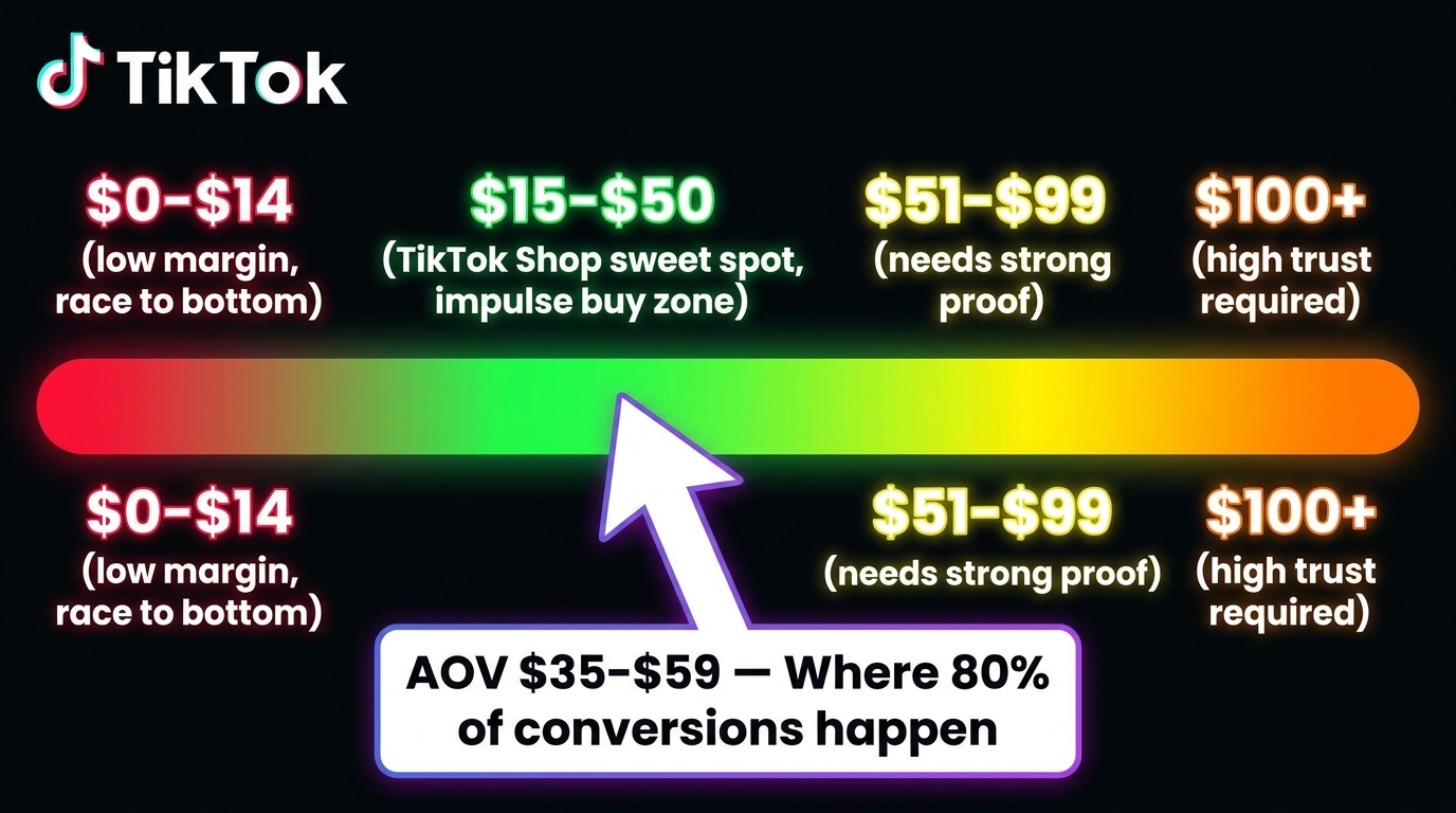Price spectrum diagram showing TikTok Shop conversion zones from low-margin under $14 through the sweet spot $15-$50 to high-trust required at $100+