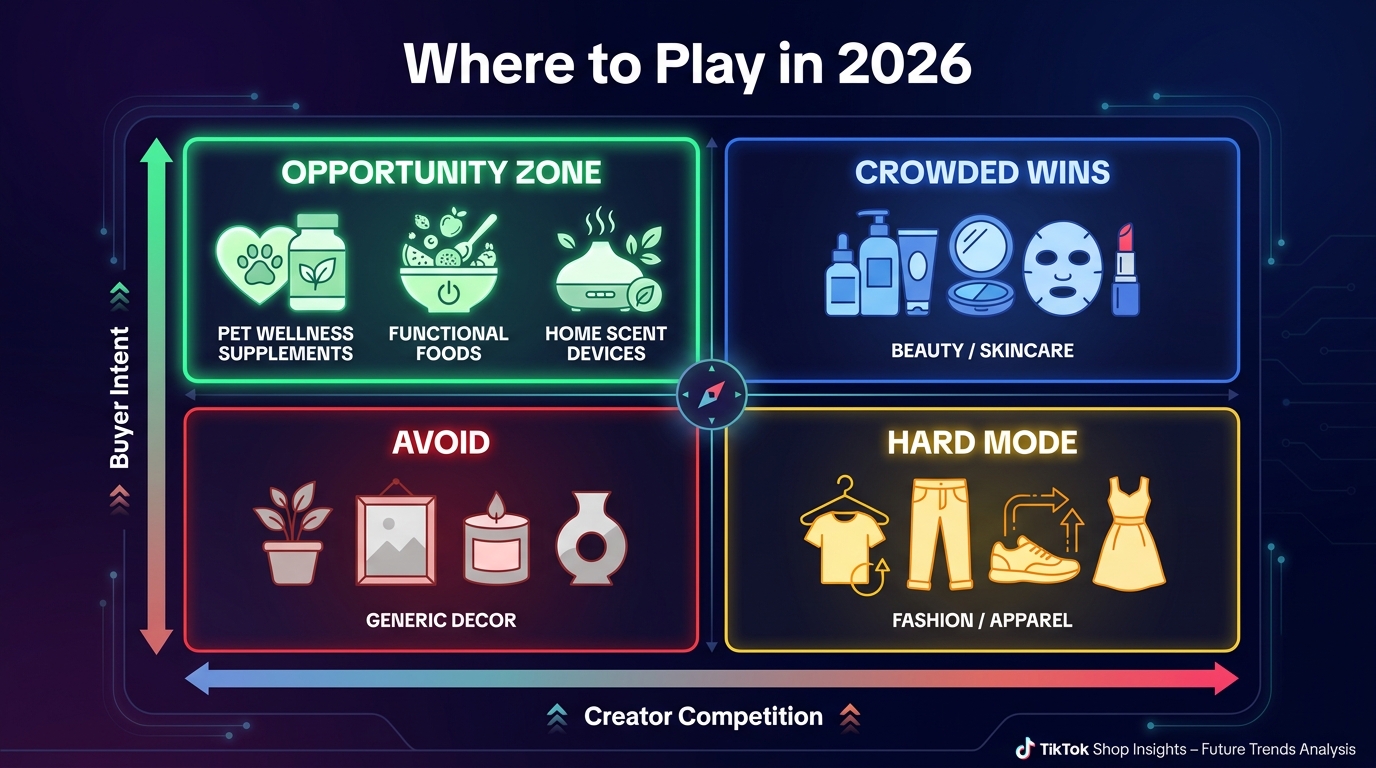 2x2 matrix showing TikTok Shop product opportunities by creator competition vs buyer intent, with home, food, and pet products in the opportunity zone